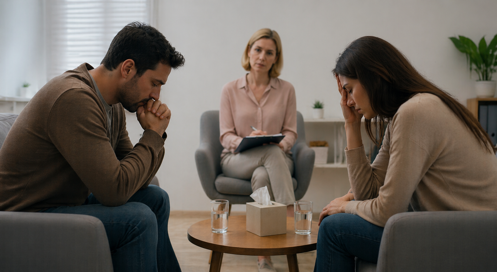 Two people sitting at a table, talking calmly with a mediator
